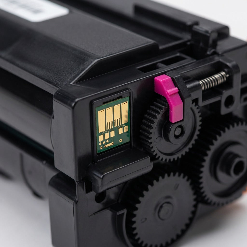 Macro view of Xerox 113R00724 magenta toner cartridge showing contact chip and gears
