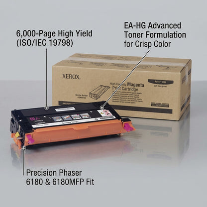 Xerox High Capacity Magenta Toner Cartridge for Phaser 6180 with packaging and feature callouts.