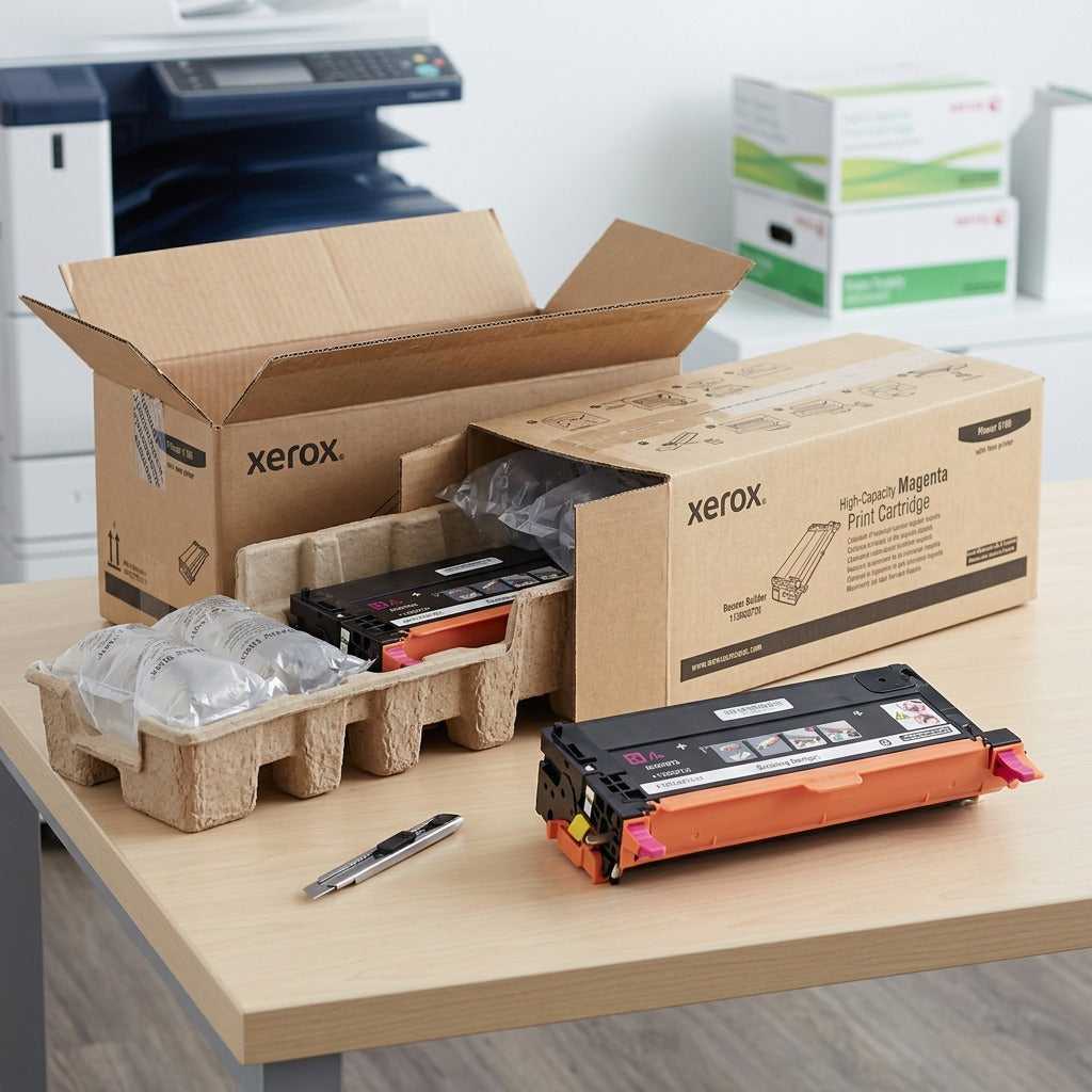 Xerox high-capacity magenta toner cartridge unboxed beside its secure protective packaging.
