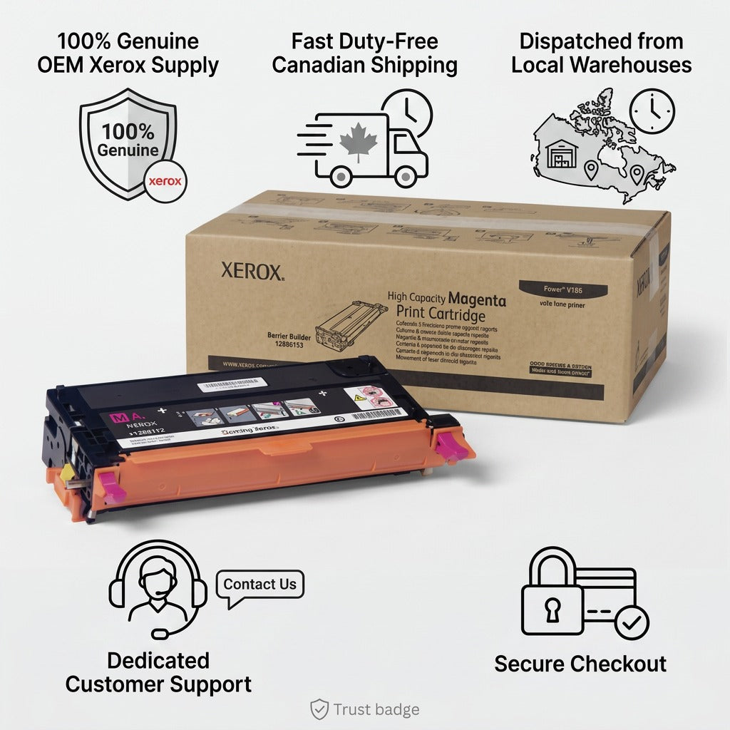 Xerox High Capacity Magenta Print Cartridge with packaging and Canadian shipping trust badges.