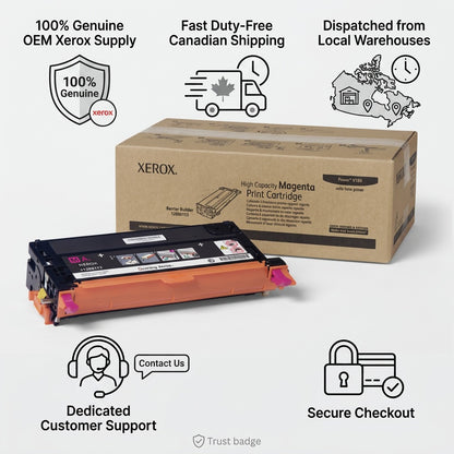 Xerox High Capacity Magenta Print Cartridge with packaging and Canadian shipping trust badges.