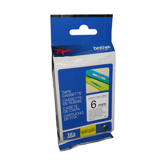 Brother Genuine TZe211 Black on White Laminated Tape for P-touch Label Makers, 6 mm wide x 8 m long