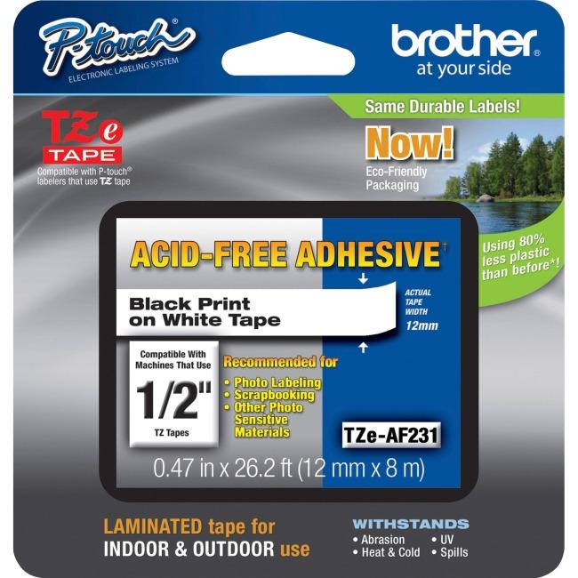 Brother TZEAF231 Ruban noir sur blanc sans acide 12 mm, 8 m