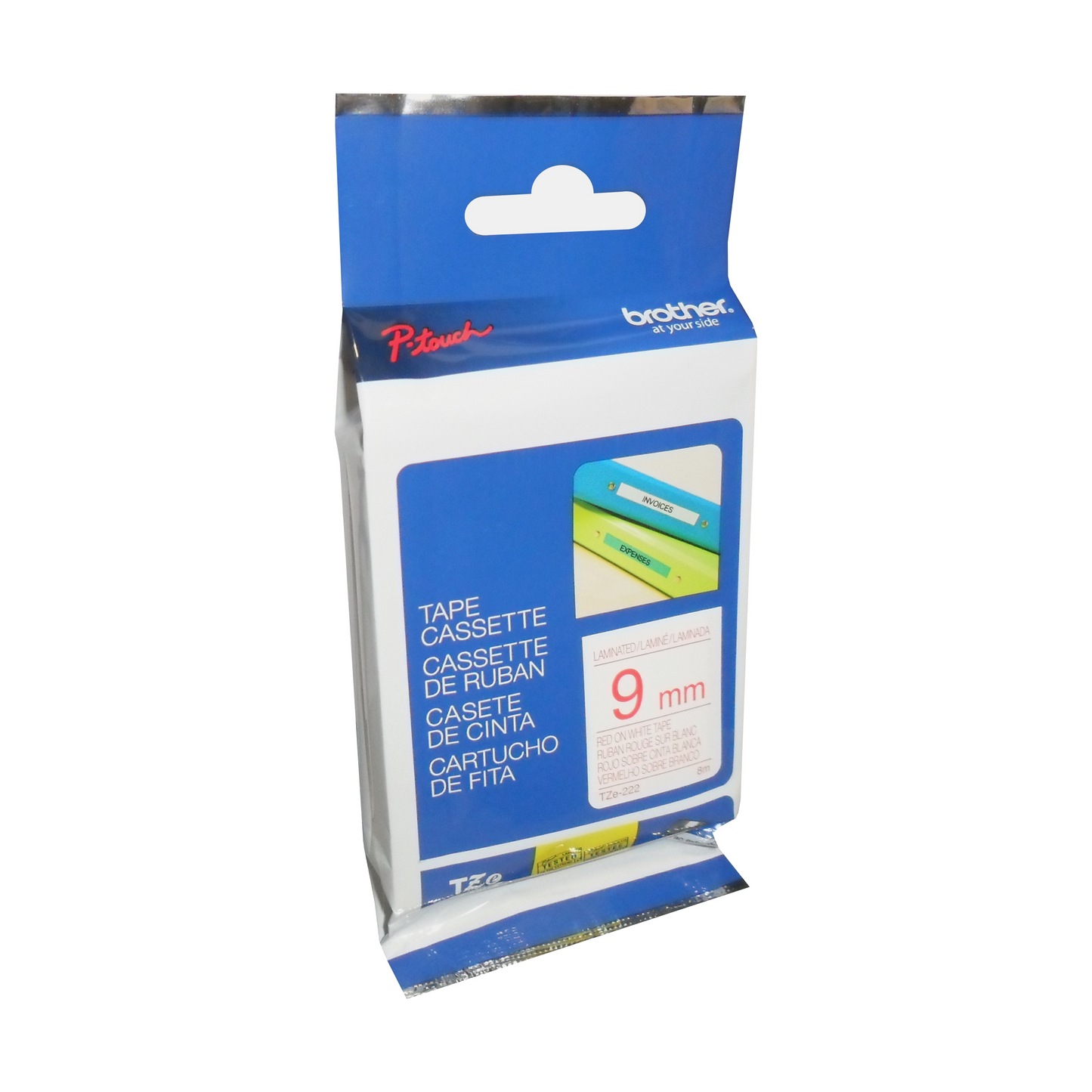 Brother Genuine TZe222 Red on White Laminated Tape for P-touch Label Makers, 9 mm wide x 8 m long