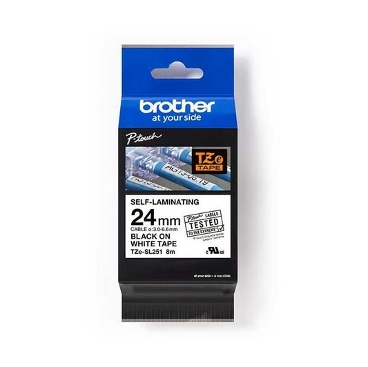 Brother TZeSL251 Ruban auto-plastifiant noir sur blanc d'origine pour étiqueteuses P-touch, 24 largeurs x 8 m de longueur