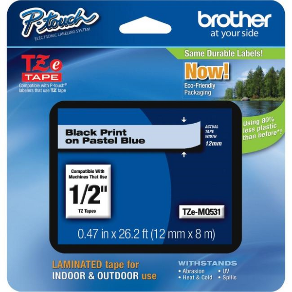 Brother TZeMQ531 Impression noire sur ruban bleu pastel pour étiqueteuses P-touch, 12 mm de large x 4 m de long