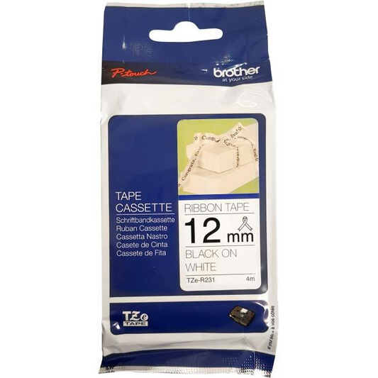 Brother Genuine TZER231 Decorative Black on White Satin Ribbon for P-touch Label Makers, 12 mm wide x 4 m long