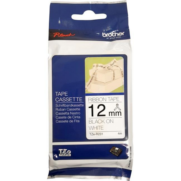 Brother Genuine TZER231 Decorative Black on White Satin Ribbon for P-touch Label Makers, 12 mm wide x 4 m long