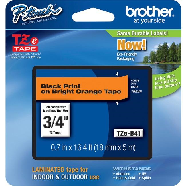 Brother TZeB41 Ruban laminé noir sur orange fluorescent pour étiqueteuses P-touch, 18 mm de large x 5 m de long