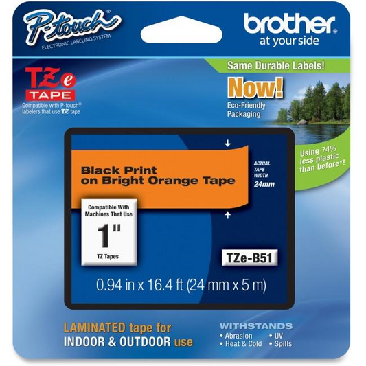 Brother TZeB51 Ruban laminé noir sur orange fluorescent pour étiqueteuses P-touch, 24 mm de large x 8 m de long