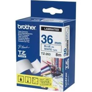 Ruban laminé authentique Brother TZe263 bleu sur blanc pour étiqueteuses P-touch, 36 mm de large x 8 m de long