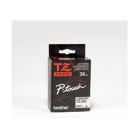 Brother Genuine TZe261 Black on White Laminated Tape for P-touch Label Makers, 36 mm wide x 8 m long