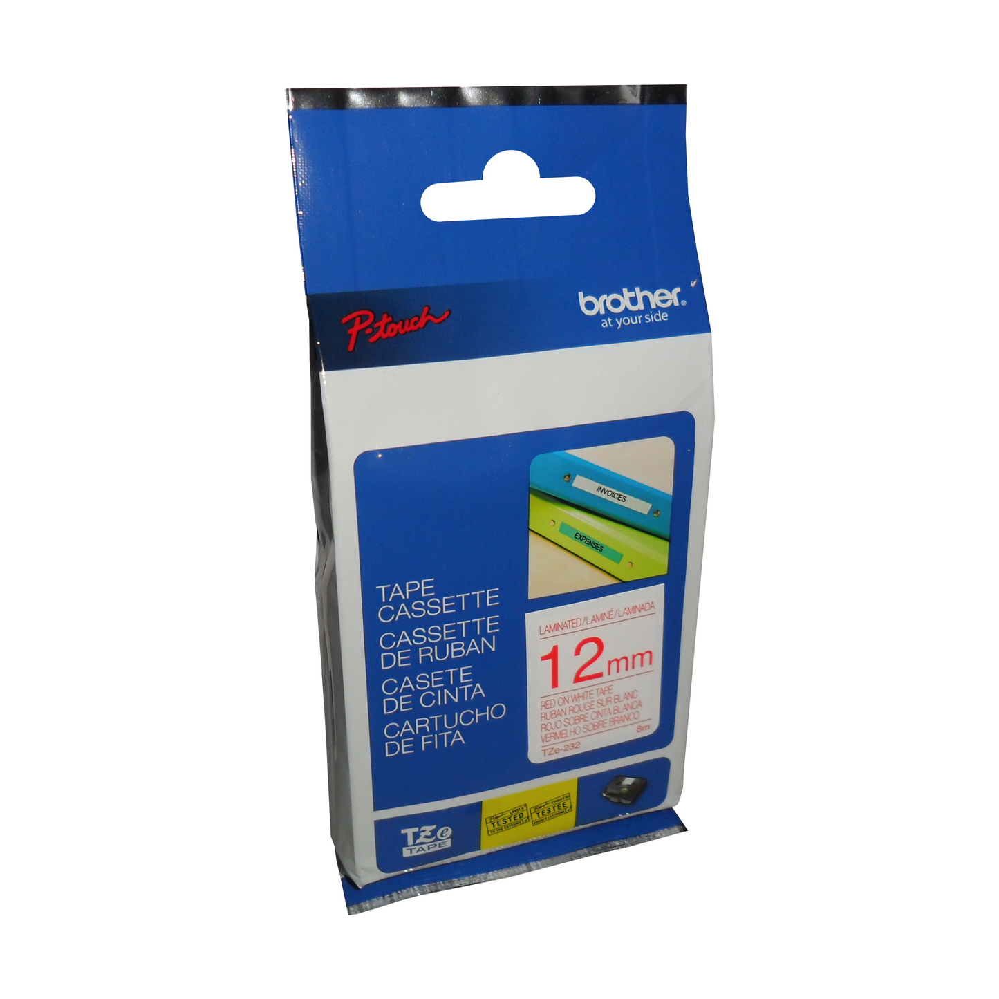 Brother Genuine TZe232 Red on White Laminated Tape for P-touch Label Makers, 12 mm wide x 8 m long