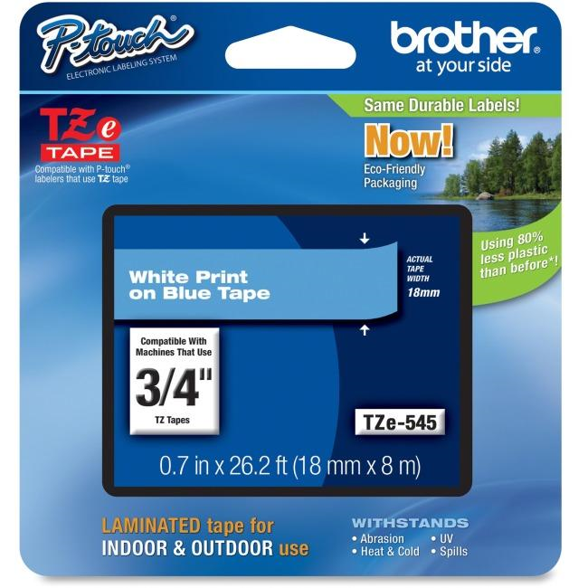 Brother TZe545 Ruban laminé blanc sur bleu pour étiqueteuses P-touch, 18 mm de large x 8 m de long