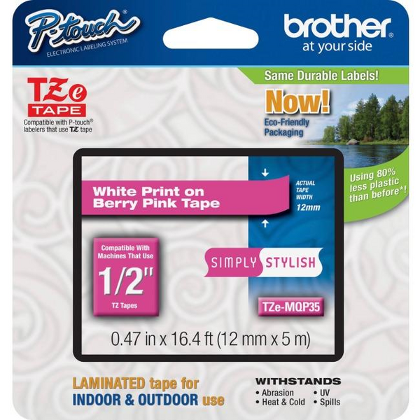 Brother Genuine TZEMQP35 White Print on Berry Pink Tape for P-touch Label Makers, 12 mm wide x 4 m long